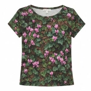 Agnès b. Paris Floral Print T-Shirt Green & Pink Cyclamen Cotton Top FR 2 US S